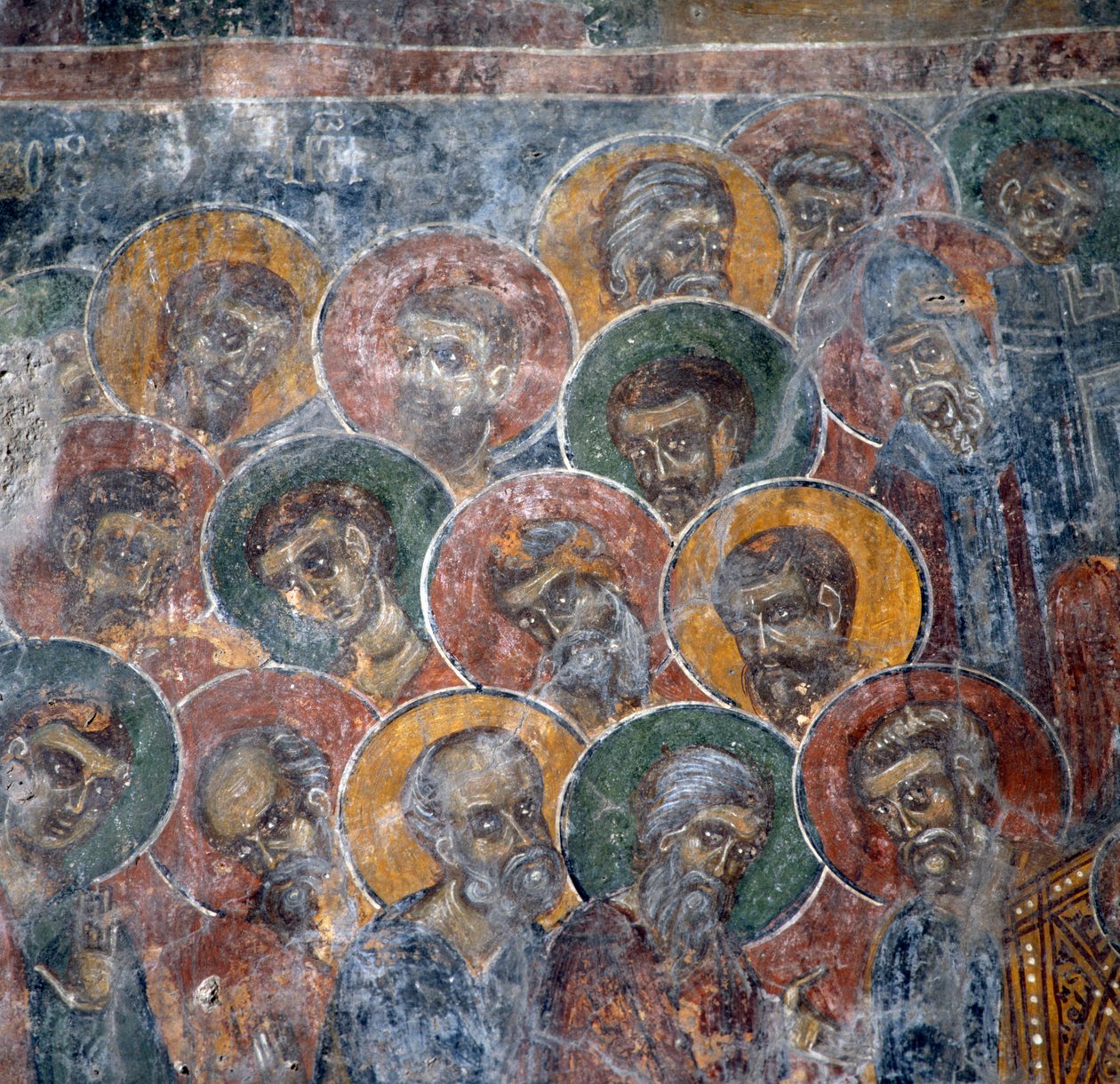 Grupp av helgon, fresk i kyrkan i Anisaraki nära Kandanos, Kreta, Grekland (foto) av Nicolas Toussaint Charlet