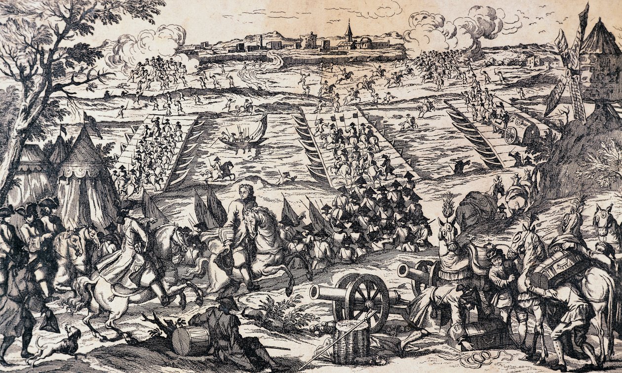 Ludvig XV:s armé korsar Rhen och attackerar försvarslinjen vid Ettlingen, 1-4 maj. av Nicolas Toussaint Charlet