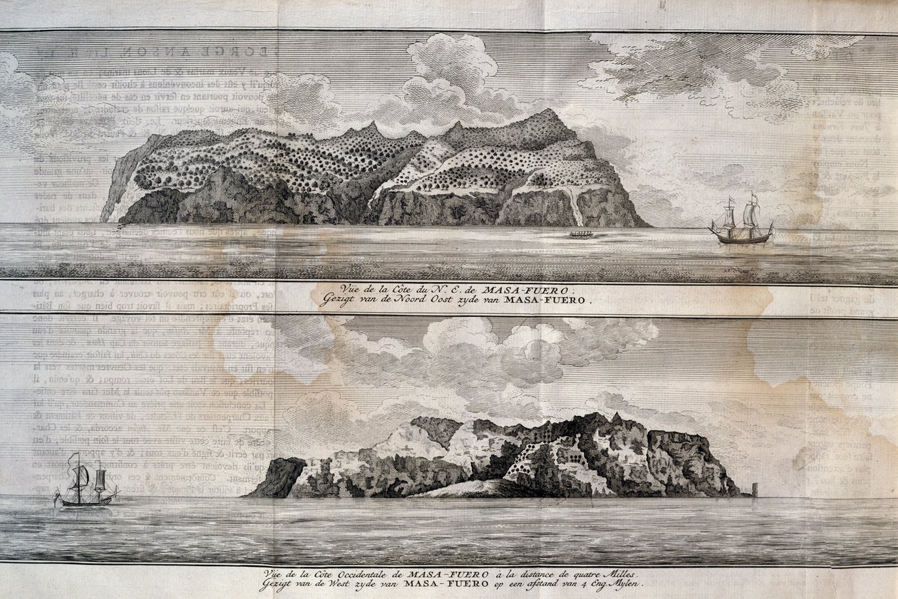 Vy över Alejandro Selkirk Island eller Mas Afuera Island, Juan Fernandez Archipelago, Chile, gravyr av Nicolas Toussaint Charlet