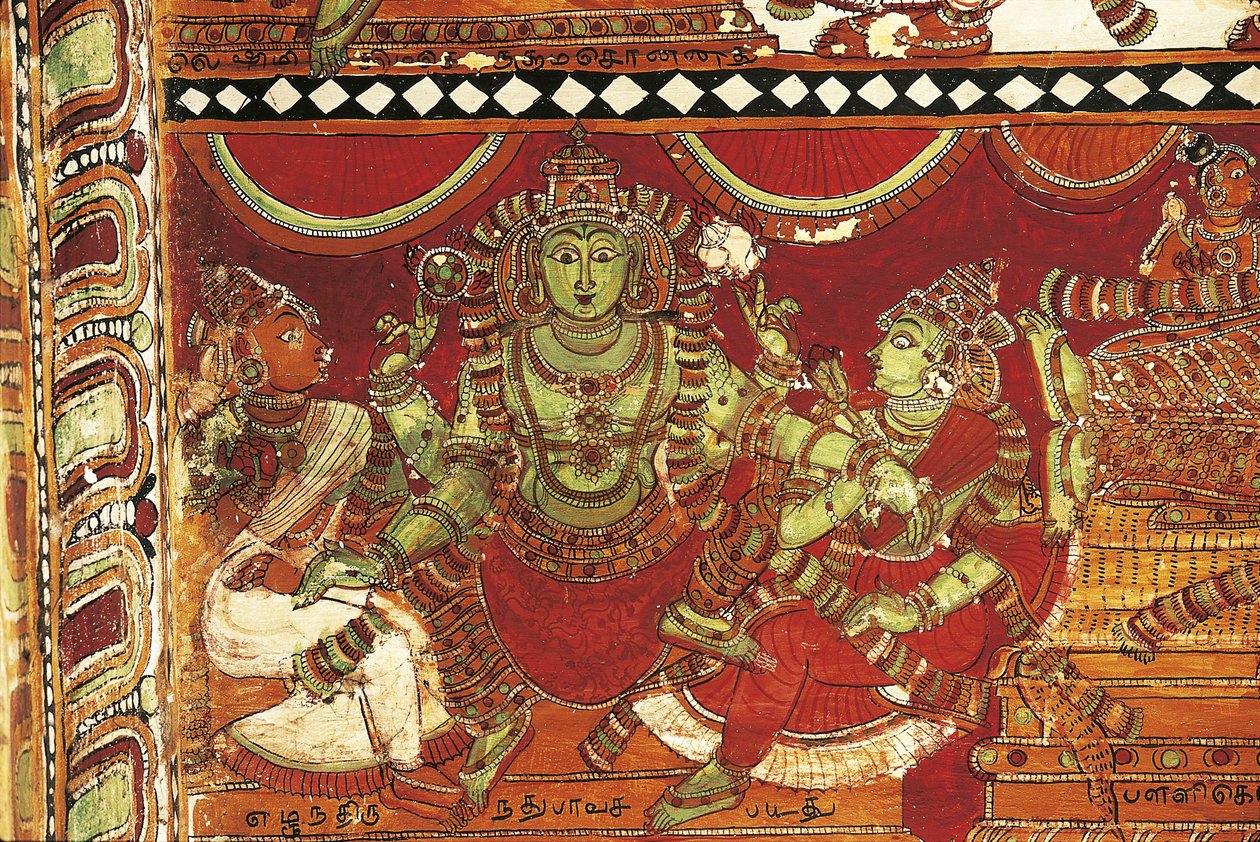 Visnu, detalj från fresker som skildrar livet av Shiva i helgedom för Parvati, Nataraya-templet, Chidambaram, Tamil Nadu, Indien, 500-talet av Nicolas Toussaint Charlet