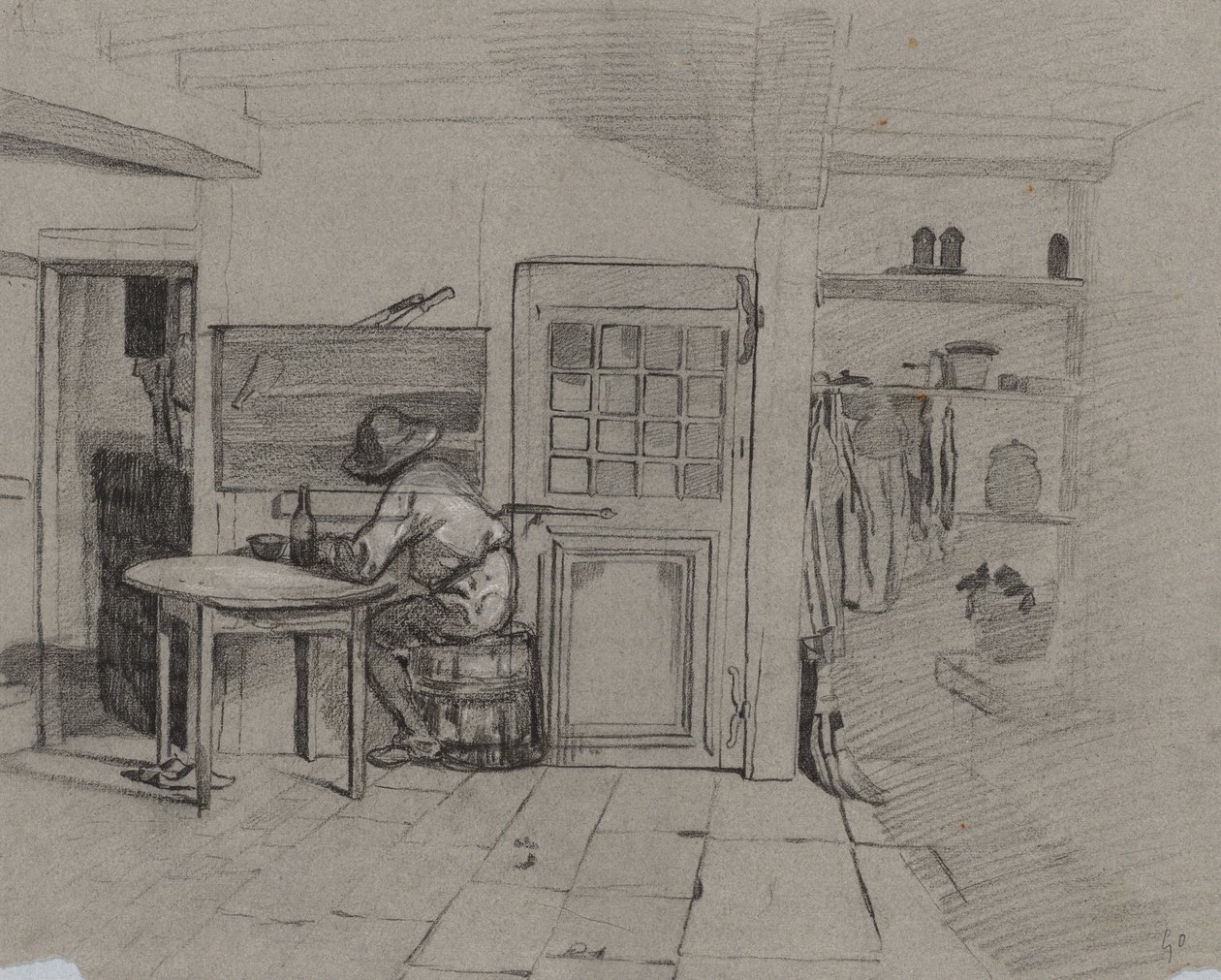 En bondgårdsinredning med en pojke vid ett bord, ca. 1846. av Alexandre Gabriel Decamps