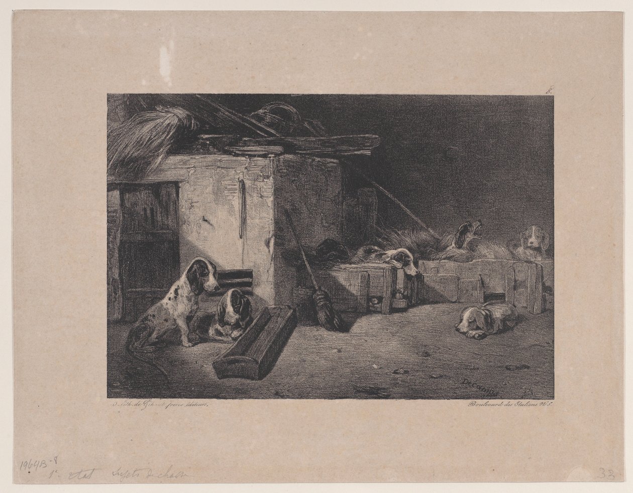 Interiör av kenneln, från serien Hunting Scenes, 1829. av Alexandre Gabriel Decamps