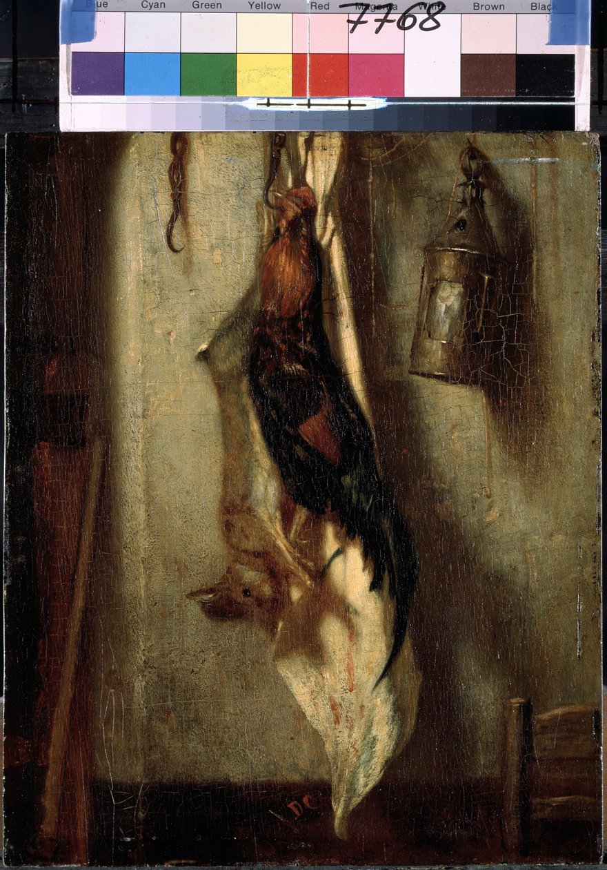 ""stilleben av tupp och hare, hängande på en krok och lykta"" Målning av Alexandre-Gabriel Decamps (Alexandre Gabriel) (1803-1860) 1800-talet Dim. 28x24 cm Eremitagemuseet, Sankt Petersburg (Saint -Petersburg) av Alexandre Gabriel Decamps