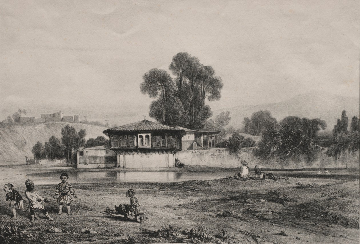 Paviljong vid kanten av en flod. av Alexandre Gabriel Decamps