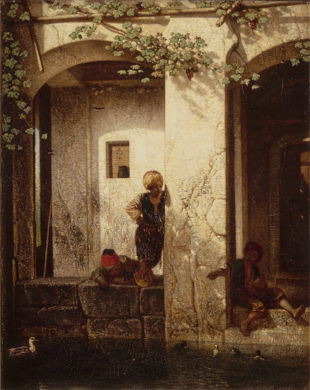 Souvenir från asiatiska Turkiet, även känd som turkiska barn vid en fontän av Alexandre Gabriel Decamps