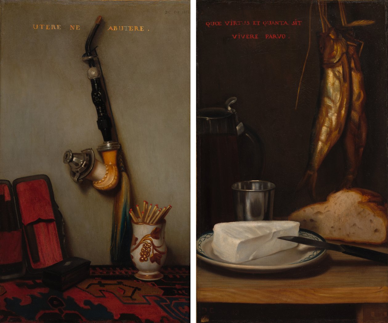 Stilleben med pipa och tändstickor och stilleben med sill, bröd och ost (par) av Alexandre Gabriel Decamps