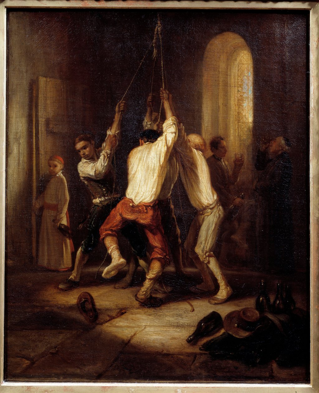 Ringsignalerna. Män drar i repet för att ringa klockorna. Målning av Alexandre Gabriel Decamps (1803-1860) av Alexandre Gabriel Decamps