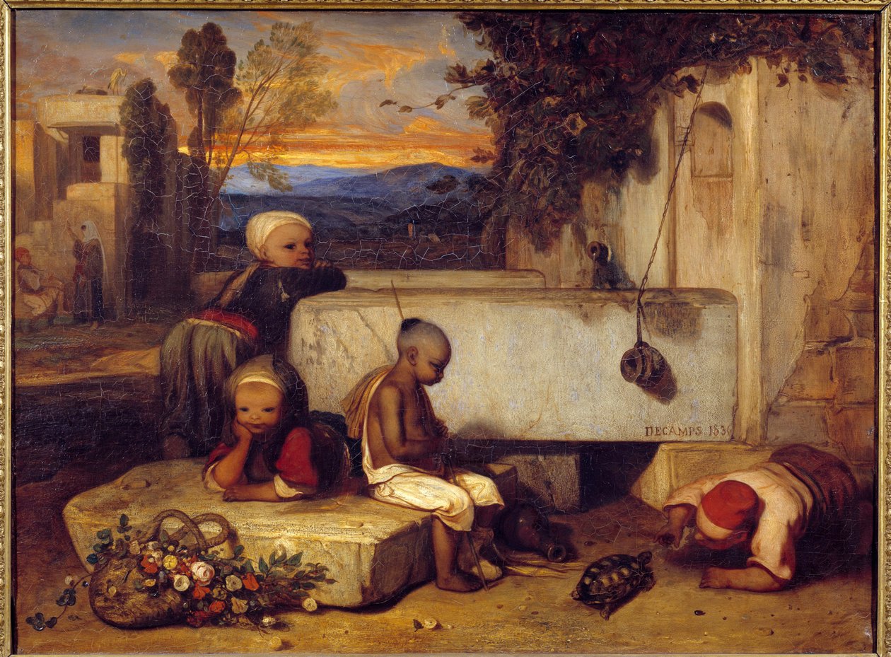 Turkiska barn som leker med en sköldpadda Målning av Alexandre Gabriel Decamps (1803-1860) 1836 Sön. 0,72x0,91 m Chantilly, Musee Conde av Alexandre Gabriel Decamps