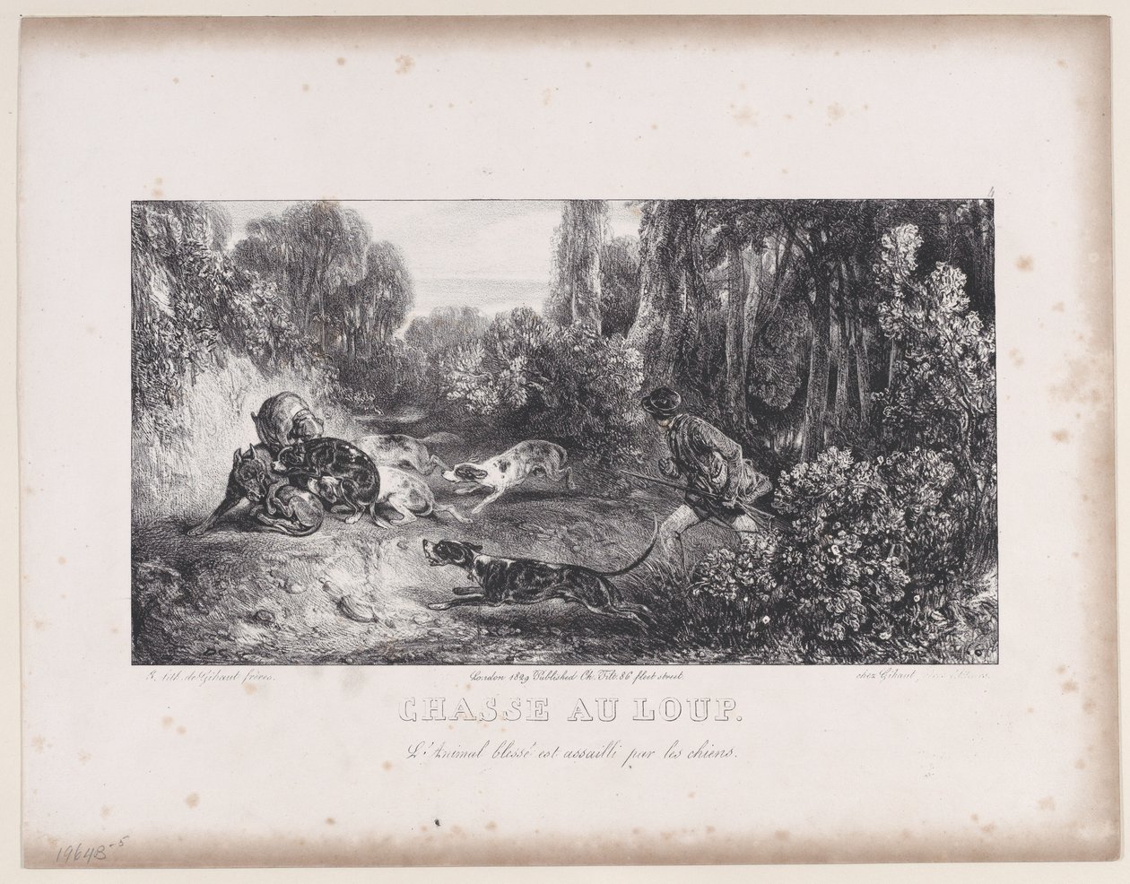 Wolf Hunt: Wounded Animal Attacked by Dogs, från serien Hunting Scenes, 1829. av Alexandre Gabriel Decamps