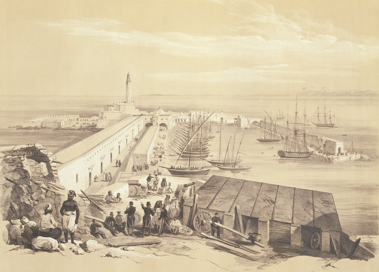 Port and Pier of Algiers, från en volym till minne av den franska expeditionsstyrkan som erövrade Alger 1830, graverad av Adolphe Jean-Baptiste Bayot (1810-66) av Alexandre Genet