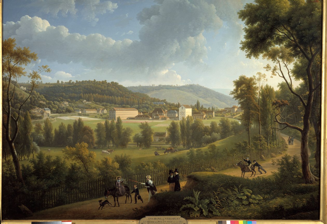 Utsikt över byn Jouy en Josas (Jouy-En-Josas) med fabriken grundad 1785 av Oberkampf (1738 - 1815). Målning av Alexandre Dunouy (1757-1841) av Alexandre Hyacinthe Dunouy