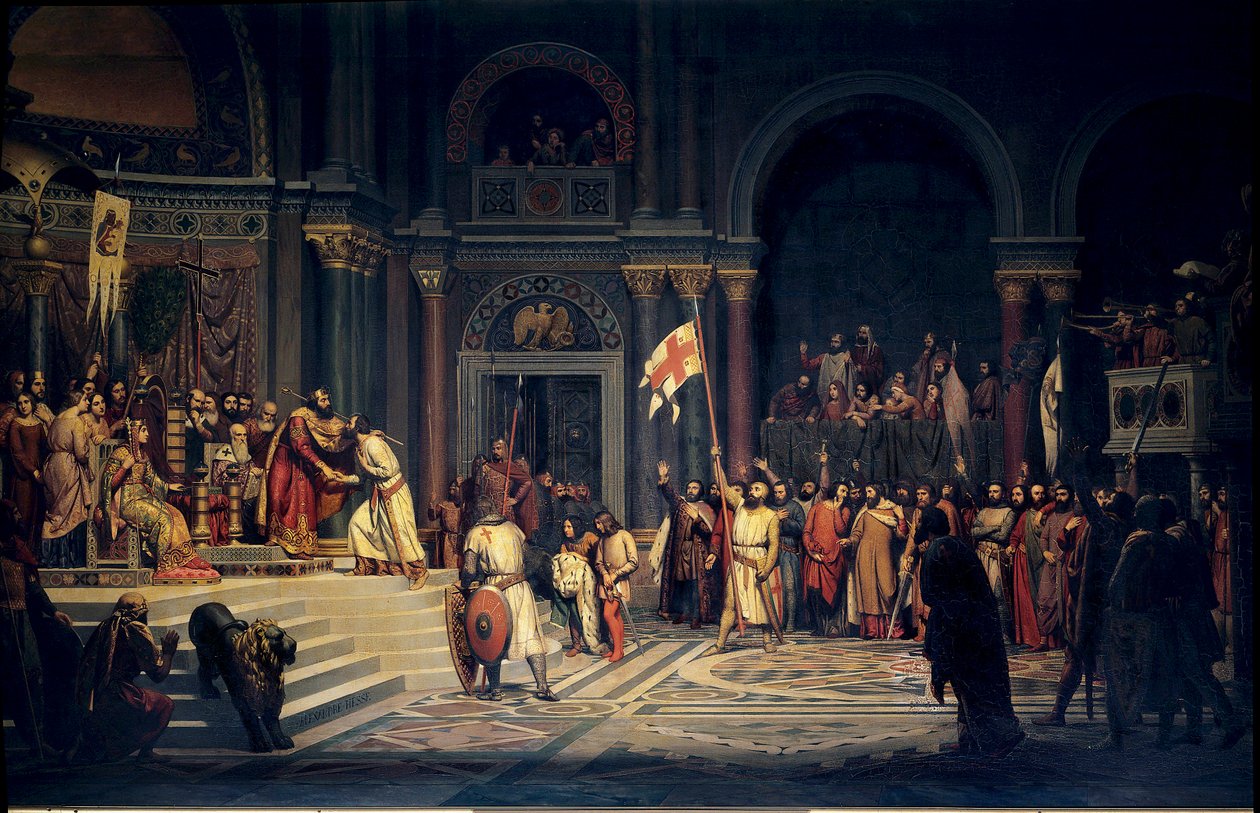 Första korståget: "" Godefroy (Godefroi) av Bouillon (1061-1100), hertig av Nedre Lorraine, agerande trohet till den bysantinske kejsaren Alexis Comnene, i Konstantinopel av Alexandre Jean Baptiste Hesse
