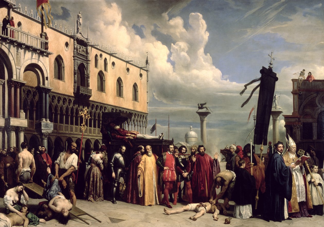 Begravningsutmärkelser ges till Titian som dog i Venedig i pesten 1576, 1832 av Alexandre Jean Baptiste Hesse