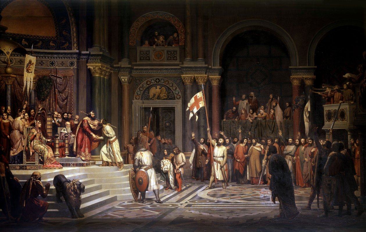 Godfrey av Bouillon mottogs av Alexis Comnene, kejsare av Konstantinopel, 1097, under försvaret av staden mot turkarna under det första korståget 1096-1099, 1842 av Alexandre Jean Baptiste Hesse