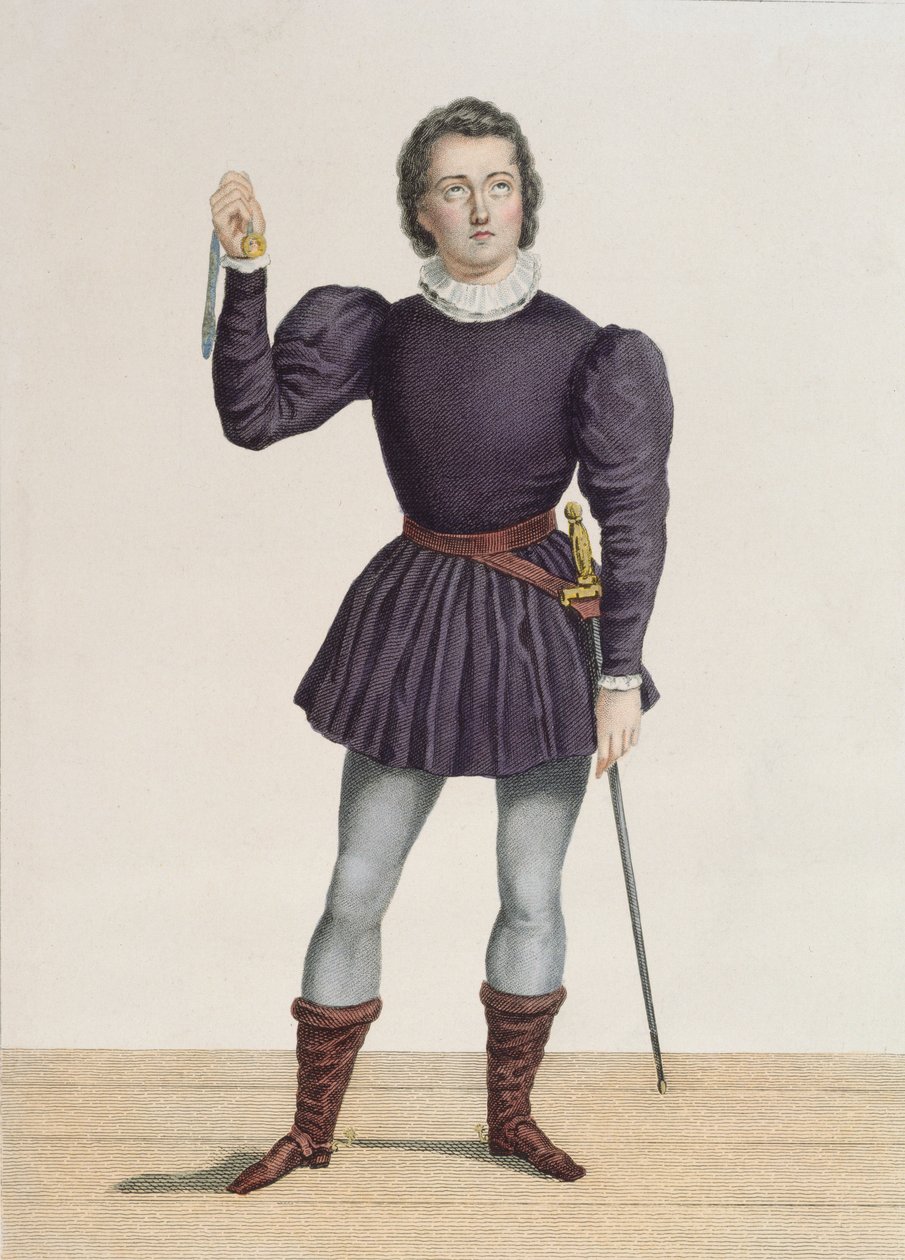 Frederick Lemaitre (1800-76) som Edgard i "La Fiancee de Lammermoor" av Walter Scott (1771-1832) på Theatre de la Porte Saint-Martin (färggravyr) av Alexandre Lacauchie