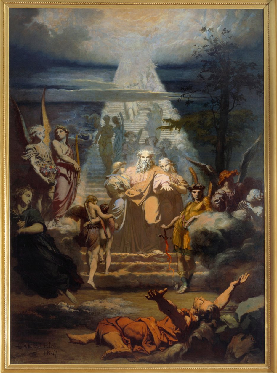 Jakob Jakobs stege, efter att ha lämnat sitt land, somnade och drömde om en stor skala. Målning av Alexandre Laemlein (1813-1871) av Alexandre Laemlein