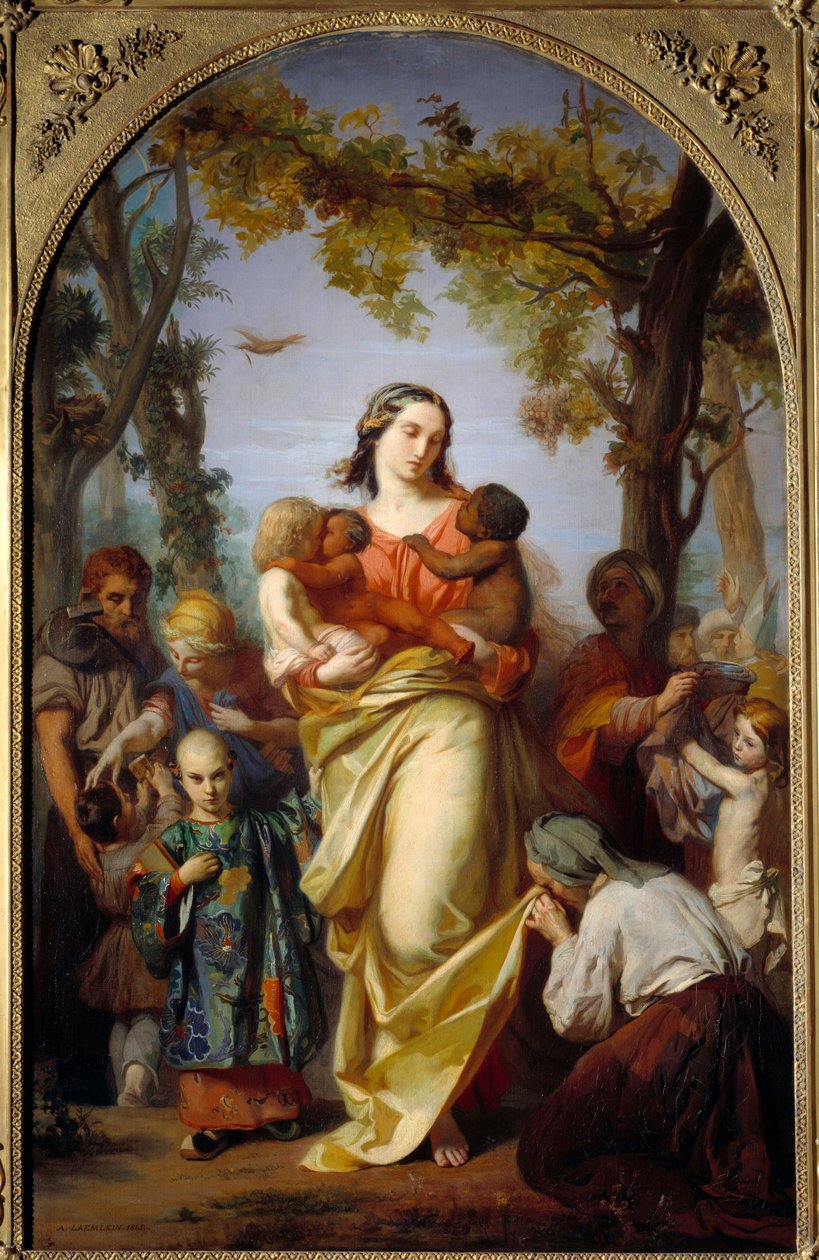 Universell välgörenhet. Personifiering av välgörenhet som håller de olika folken i världen i sina armar. Målning av Alexandre Laemlein (1813-1871) av Alexandre Laemlein