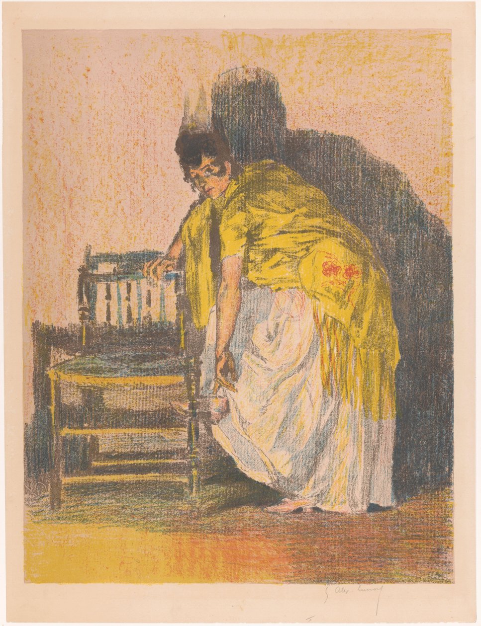 Spansktalande kvinna tar på sig en sko av Alexandre Lunois (signed by artist)