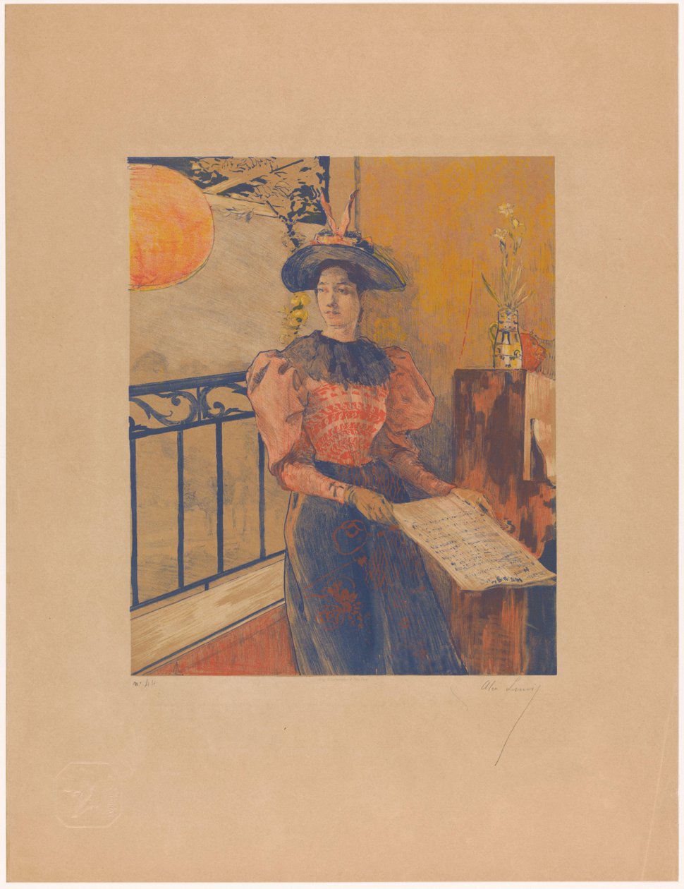 Stående kvinna med noter i händerna av Alexandre Lunois (signed by artist)