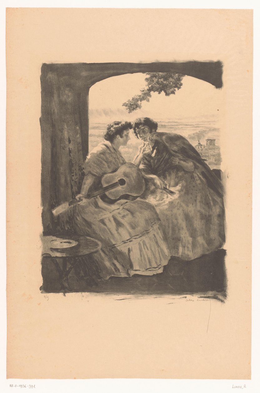 Två spanska kvinnor med gitarr och en papegoja av Alexandre Lunois (signed by artist)
