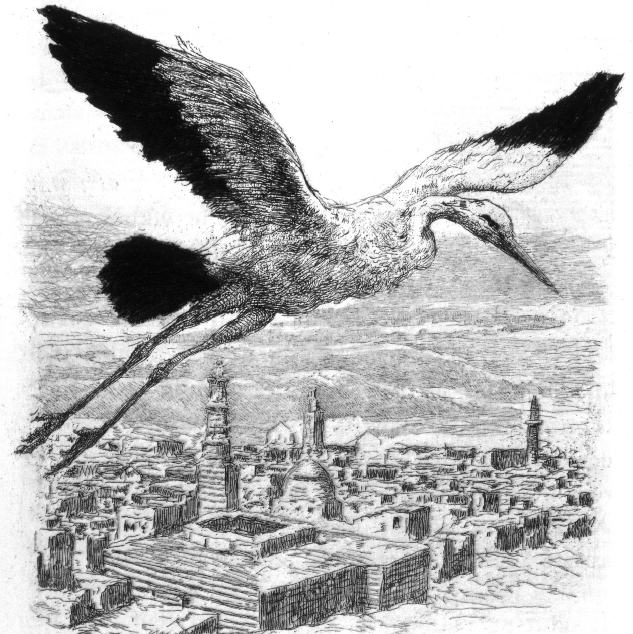En stork som flyger över en nordafrikansk by av Alexandre Lunois