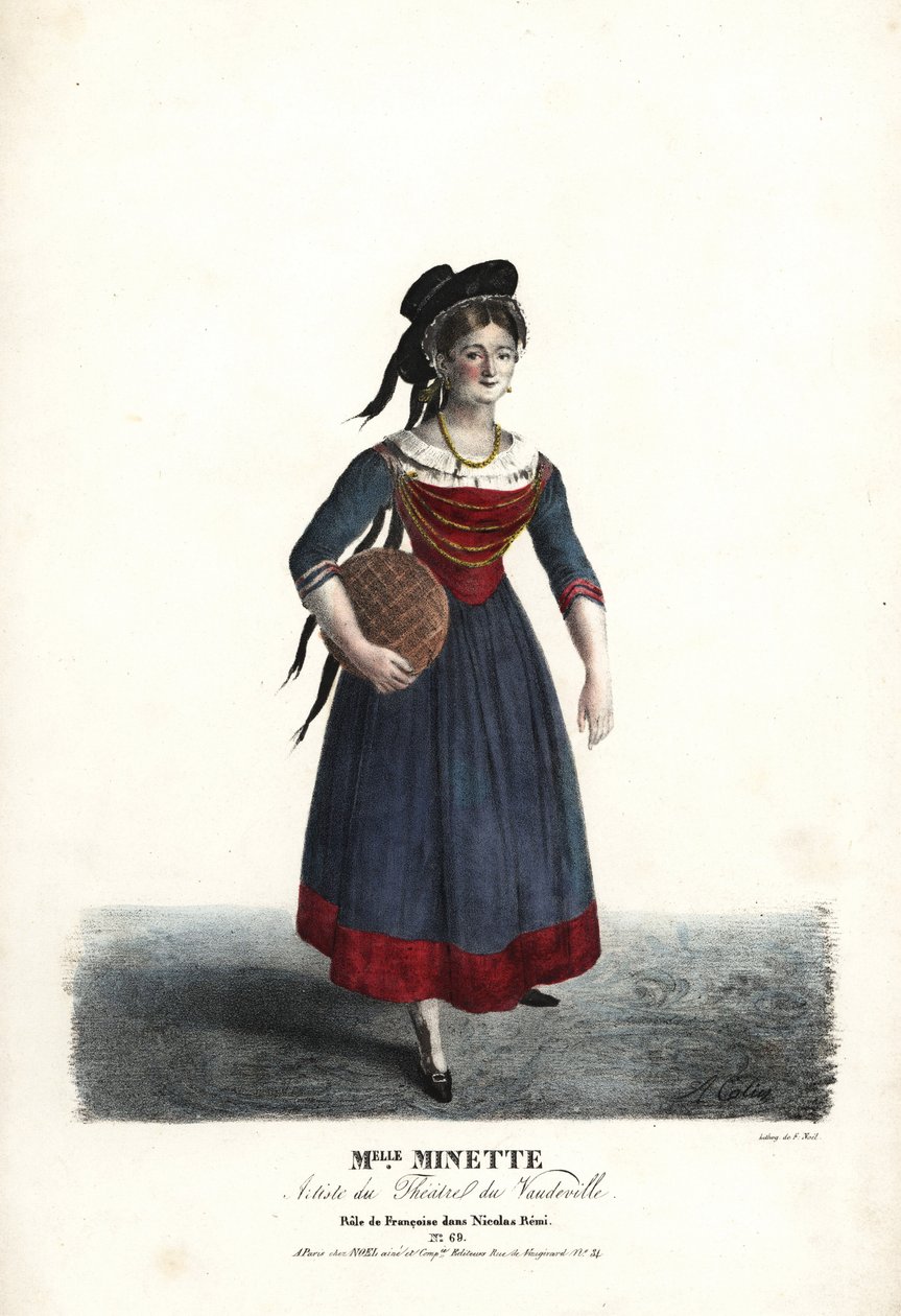 Skådespelerskan Mademoiselle Minette eller Jeanne-Marie-Francoise Menestrier som Francoise i Nicolas Remi av Sewrin, Theatre du Vaudeville av Alexandre Marie Colin