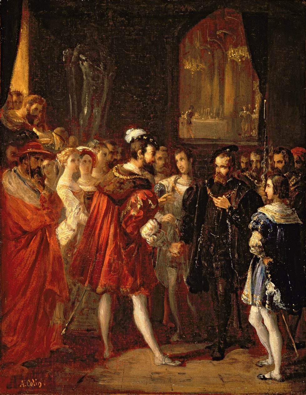 Karl V (1500-58) mottogs av Frans I (1494-1547) vid Louvren, ca 1843 av Alexandre Marie Colin