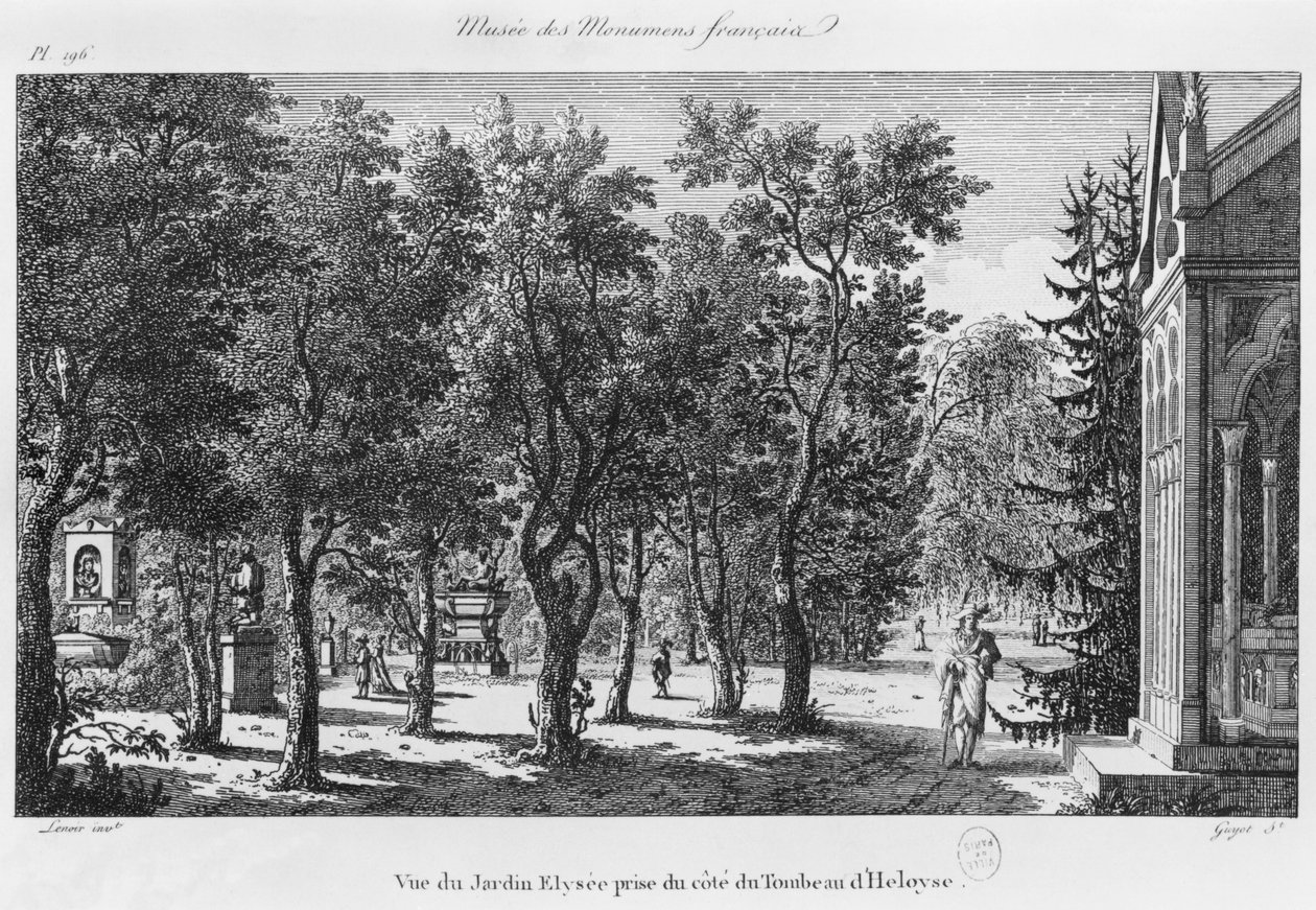 Musee des Monuments Francais, Paris, utsikt över Jardin Elysee från Heloises och Abelards grav, graverad av Laurent Guyot (1756-1806) av Alexandre Marie Lenoir