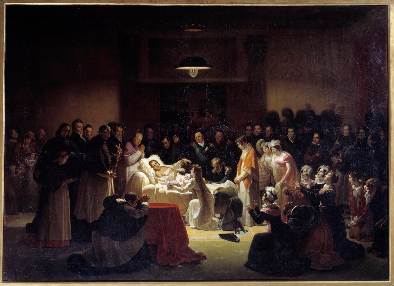 De sista ögonblicken av hertigen av Berry (1778 - 1820) på Parisoperan omgiven av Ludvig XVIII och kungafamiljen. Målning av Alexandre Menjaud (1773 - 1832) av Alexandre Menjaud