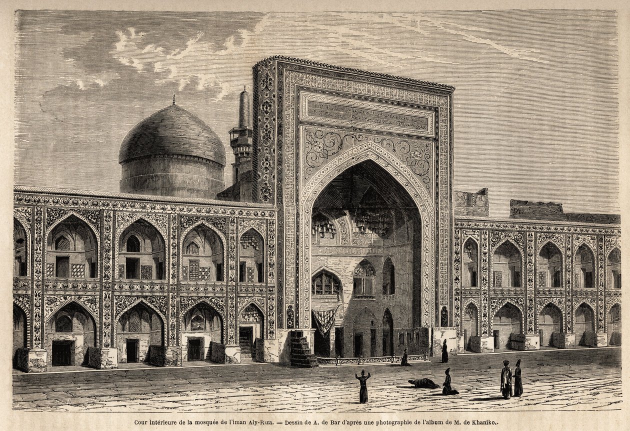 Innergård i moskén av Imam Aly Riza a Mashhad, teckning av A. de Bar, för att illustrera resan till Khorasan (Khorasan, Chorasan eller Khurasan) 1858, av N. de Khanikof. Gravyr i ”” Le tour du monde”” 1861. Selvas samling. av Alexandre de (after) Bar