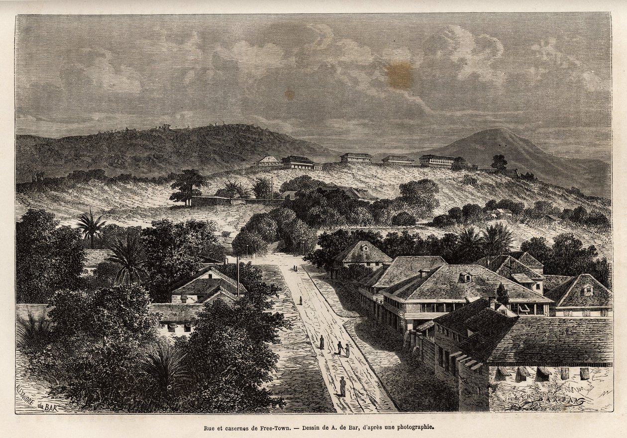 Rue et barracks de Freetown, Sierra Leone, gravyr efter teckningen av A. de Bar, som illustrerar resan till Côte d
