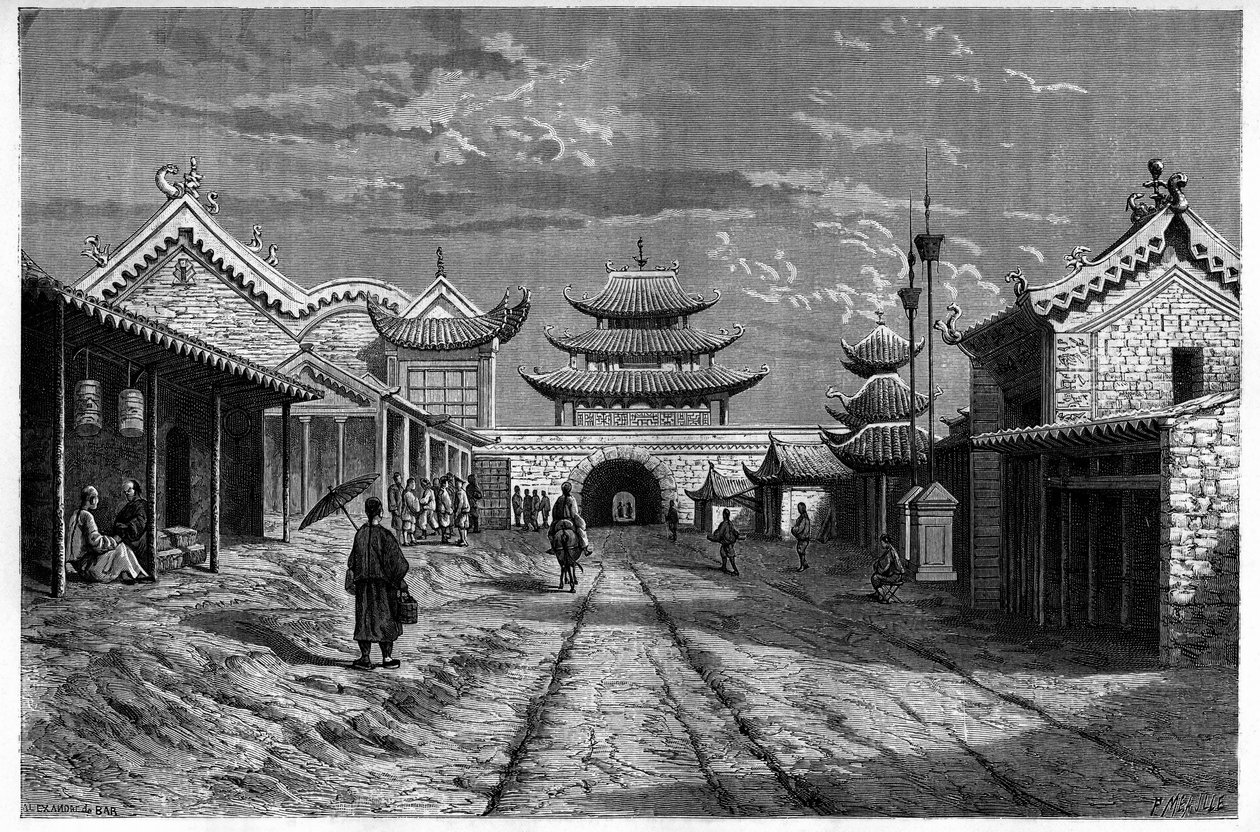 Utsikt från en gata vid "Youn Tchen Sian", Kina. Gravyr efter en teckning av A. de Bar, i "Le Tour du Monde, Nouveau journal des Voyages", redigerad av Edouard Charton, Paris av Alexandre de (after) Bar