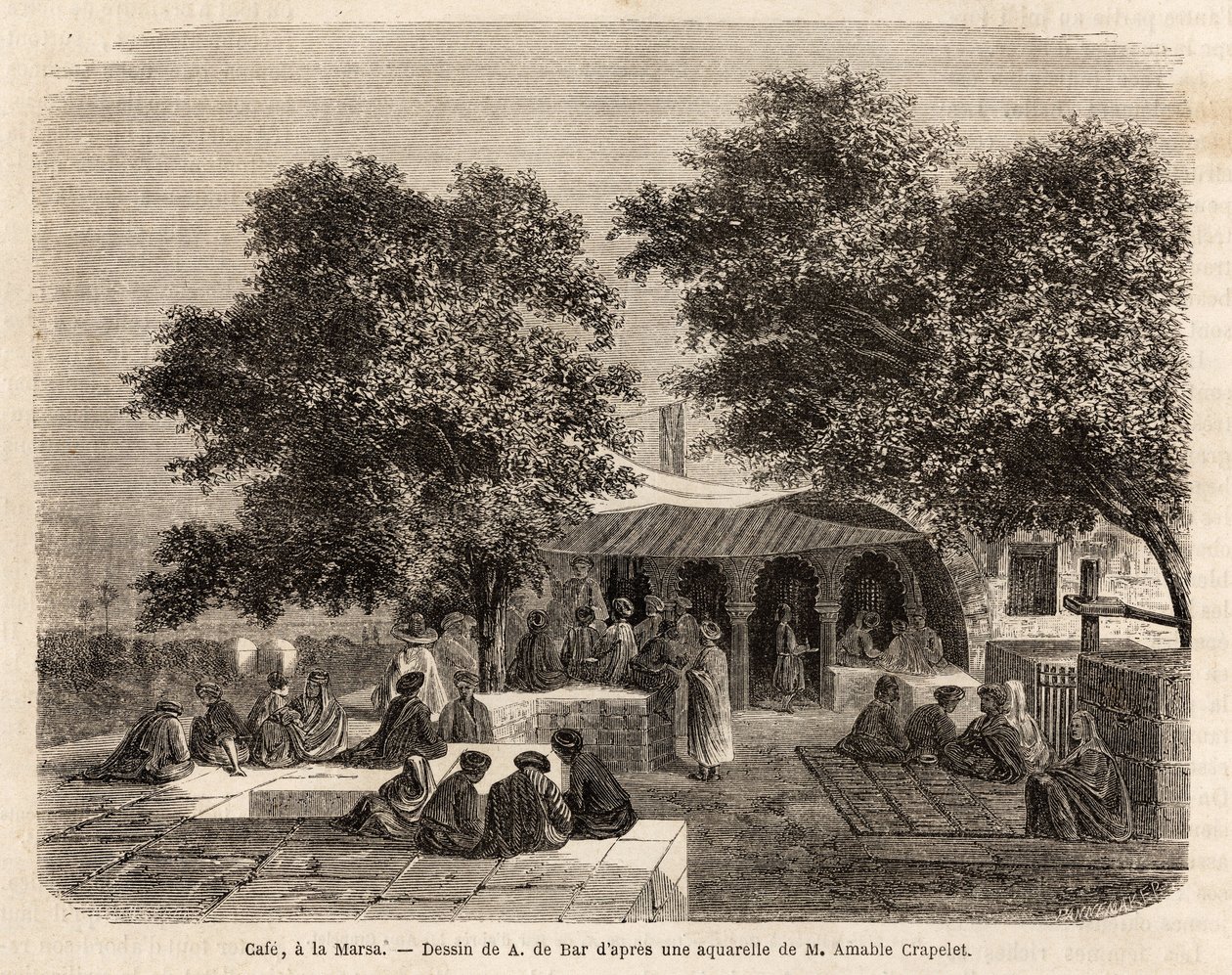 Utsikt över ett kafé i La Marsa (Tunis), teckning av A.de Bar, för att illustrera en resa till Tunis, 1859, av Amable Crapelet. Gravyr i "" Le tour du monde"", redigerad av Edouard Charton av Alexandre de (after) Bar