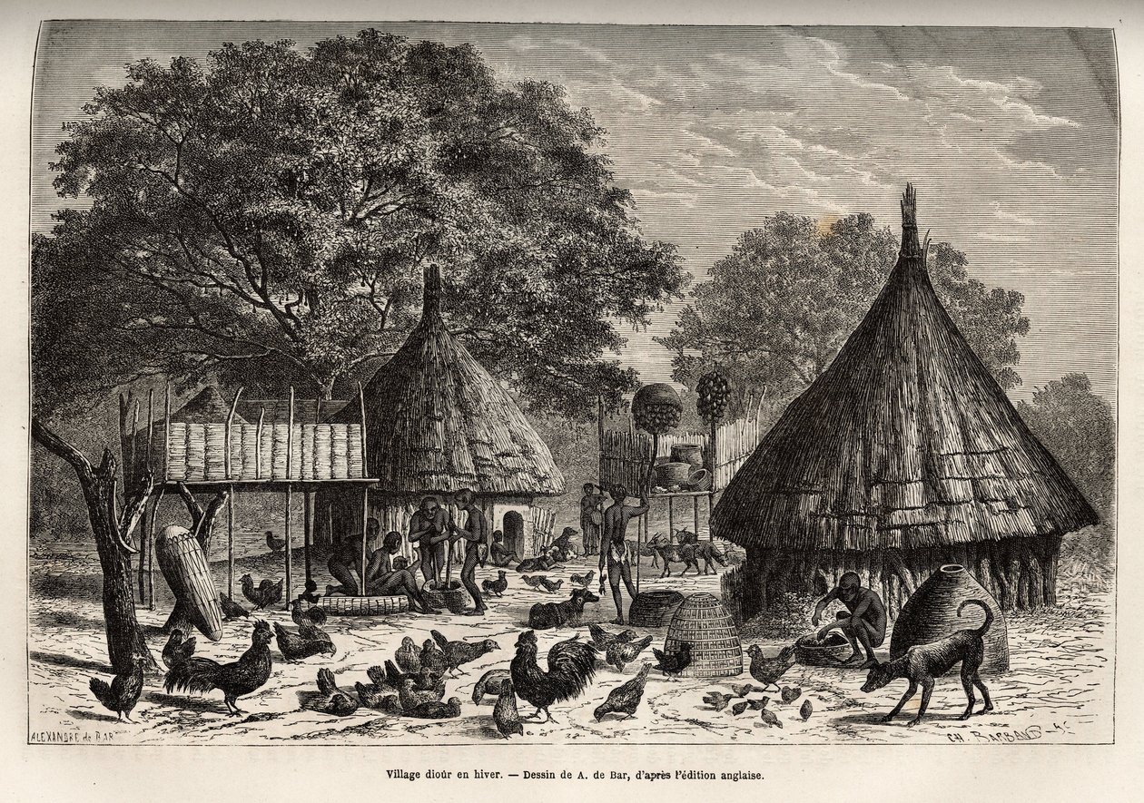 Village Diour på vintern (Sudan) och invånarnas dagliga aktiviteter mitt bland djur som fötts upp av samhället, gravering efter teckningen av A. de Bar, som illustrerar resan till hjärtat av Afrika 1868-1871, av Dr. Georges Schweinfurt av Alexandre de (after) Bar