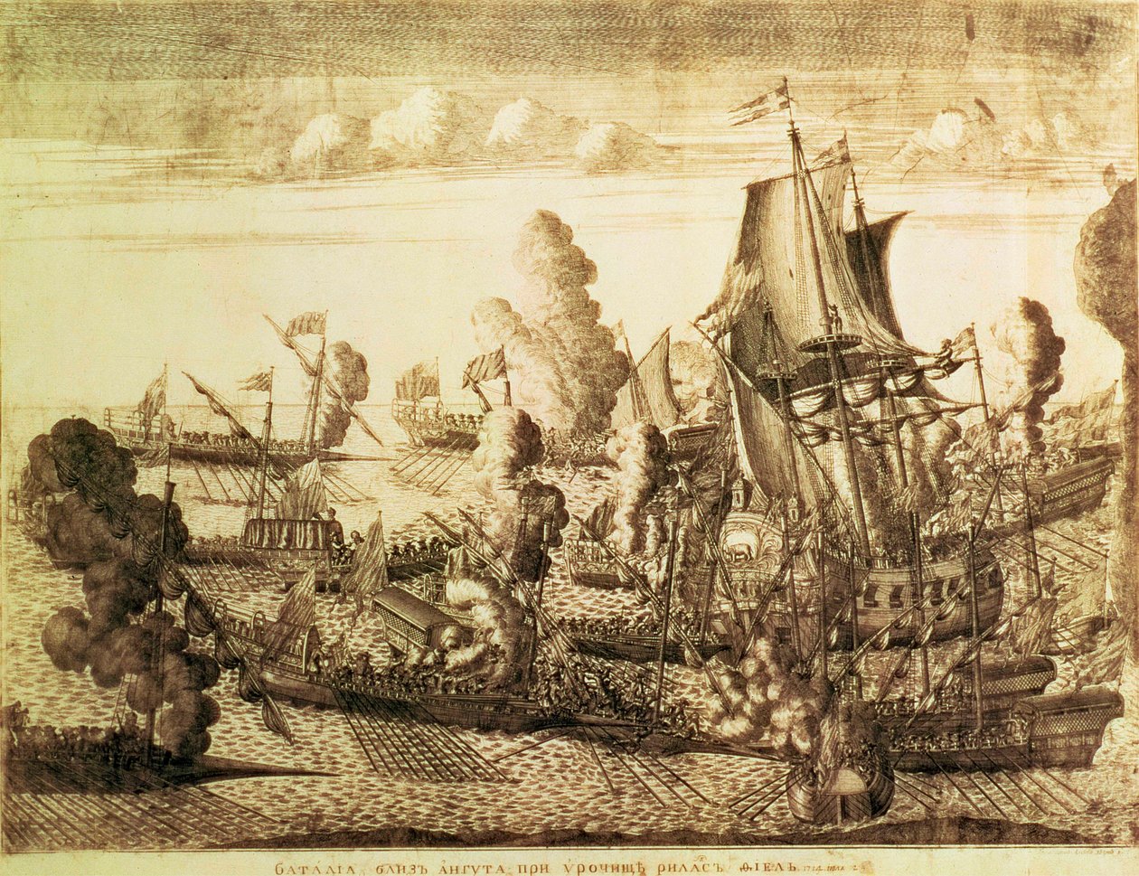 Slaget utanför Cape Gangut (Hangö) den 25 juli 1714, 1715 (etsning med gravyr) av Alexei Fyodorovich Zubov