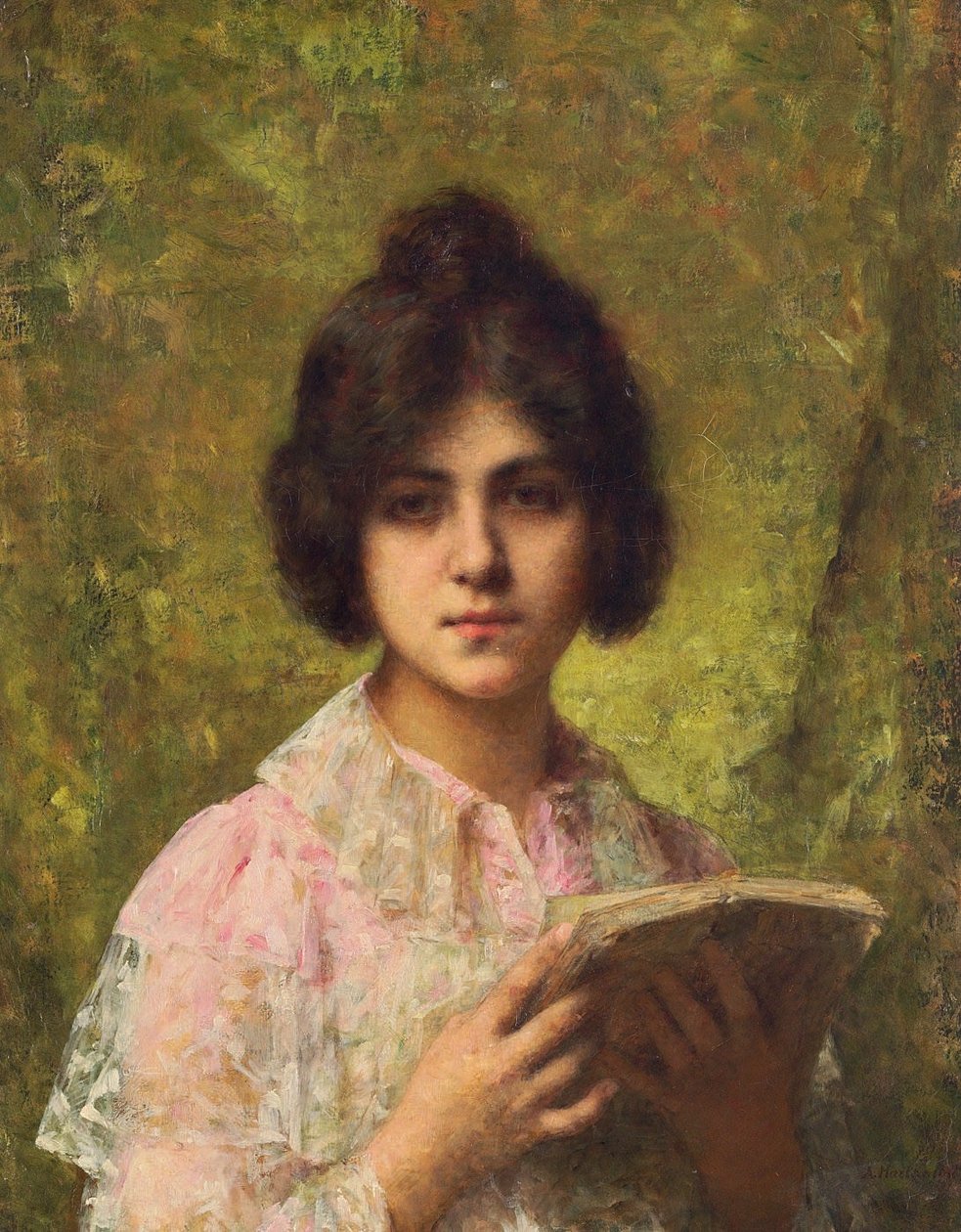 A young woman holding a book av Alexei Harlamov