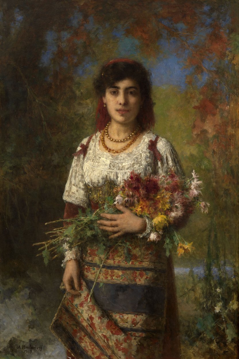 A young woman with flowers av Alexei Harlamov