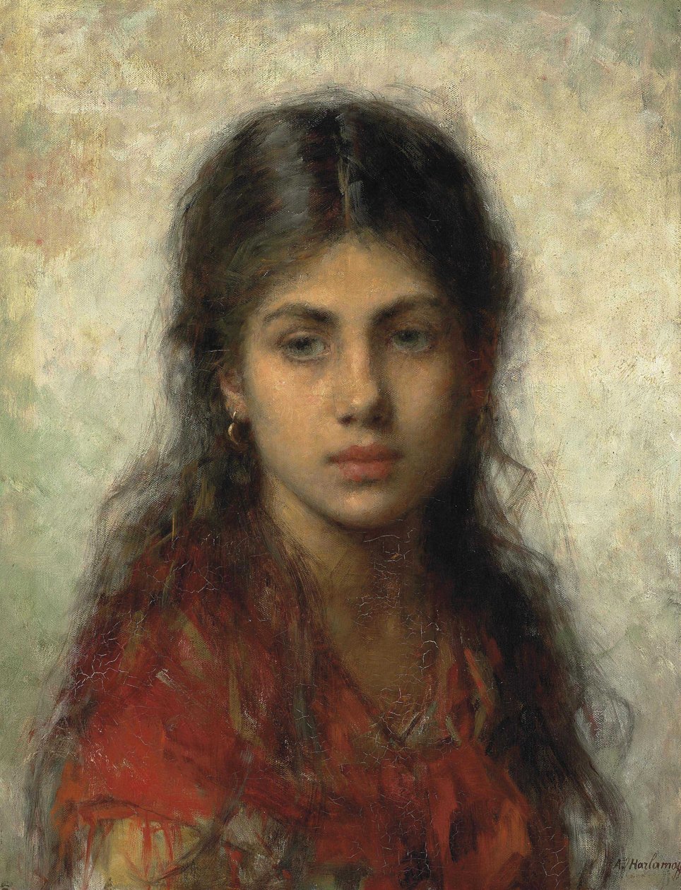 Girl with a red shawl av Alexei Harlamov