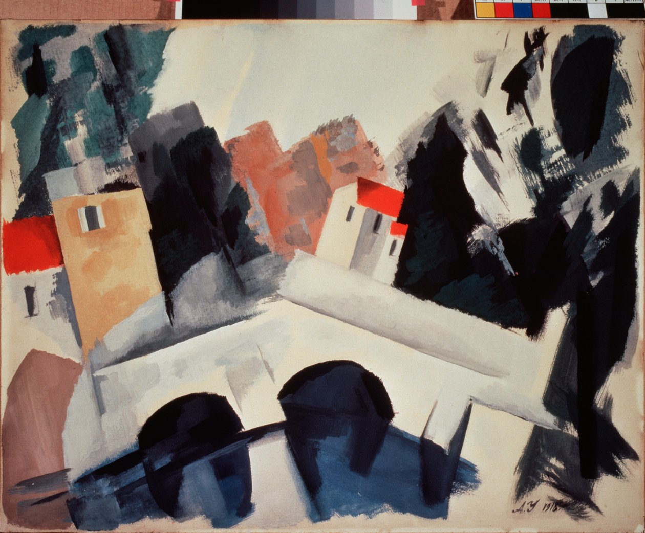 Un pont (En bro) - Verk av Alexei Alexandrovich Uspenski (1892-1941), gouache på papper av Alexei Alexandrovich Uspenski