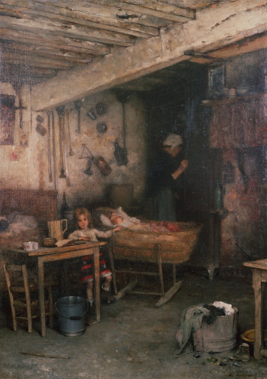 Barn i en stuga interiör (olja på duk) av Alexei Alexevich Harlamoff