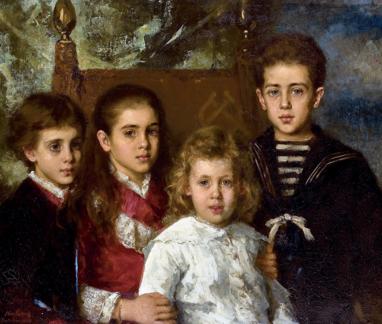 Porträtt av barnen till Paul Pavlovich Demidoff, 2:e prinsen av San Donato (1839-1885), Aurore Anatol, Maria och Pavel - Peinture de Alexei Alexeyevich Harlamov (1840-1922) - 1883 - Olja på duk - 76,5x90 - Privat samling av Alexei Alexevich Harlamoff