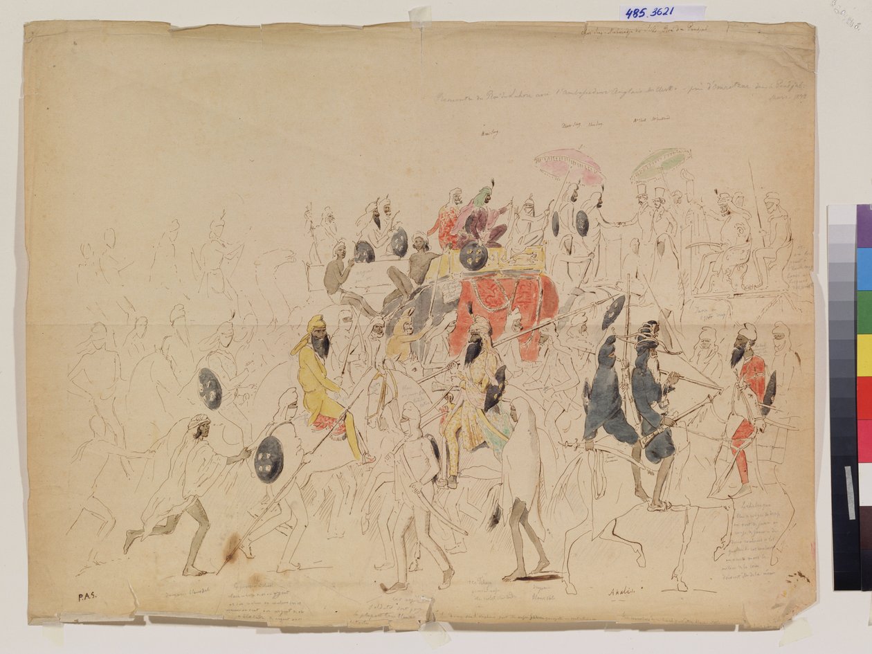 Mötet mellan Maharaja Sher Singh (1807-1843) från Punjab (Indien) och brittiska ambassadören Clark (?) 1842. Verk av Alexei Dmiitryevich Saltykov (1806-1859), penna, akvarell och bläck på papper av Alexei Dmitrievich Saltykov