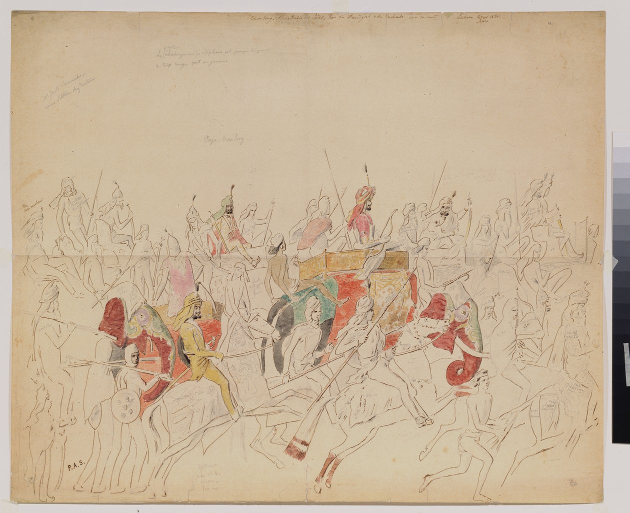 Maharaja Sher Singh (1807-1843) från Punjab (Indien) och hans hov. Verk av Alexei Dmitrievich Saltykov (1806-1859), akvarellpenna och bläck på papper av Alexei Dmitrievich Saltykov