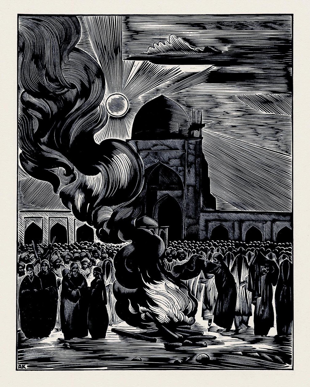 Befrielsen av muslimska kvinnor. Burning the Veil, 1928 av Alexei Ilyich Kravchenko