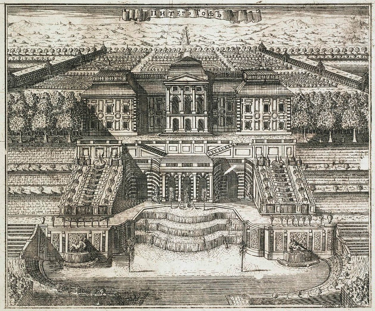 Utsikt över det stora palatset i Peterhof, 1717. av Alexei Ivanovich Rostovtsev