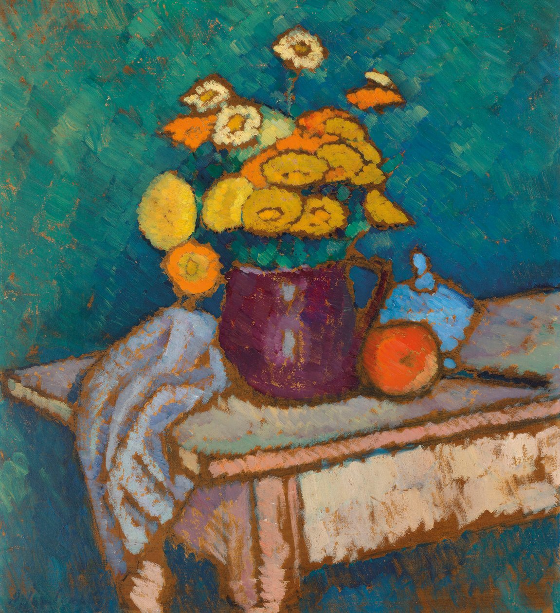 Stilleben med tyg, blommor i kanna och äpple, 1909-1910. av Alexei Javlensky von