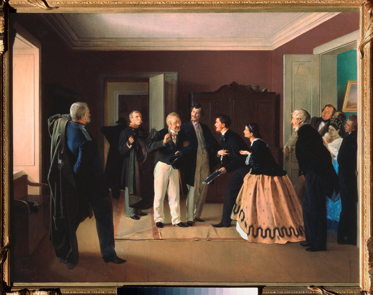 Chefens avgång - Målning av Alexei Lukich Yushanov (1840-efter 1866), olja på duk av Alexei Lukich Yushanov