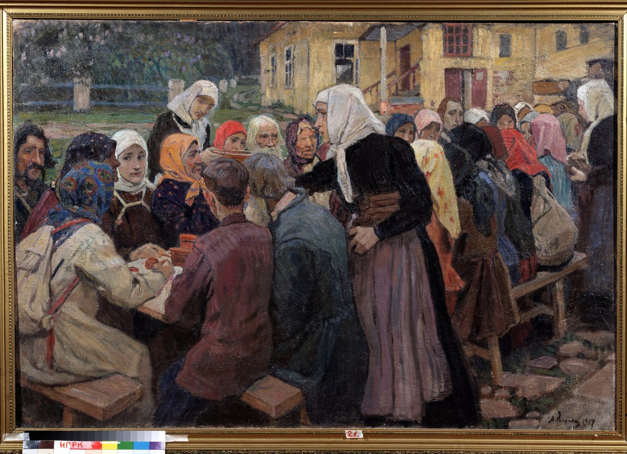 Måltiden. Ett långt bord dukat i trädgården, för att servera lunch till en skara människor, de vakthavande kvinnorna bär vita halsdukar. Målning av Alexei Mikhaylovich Korin (Korine) (1865-1923), olja på duk av Alexei Mikhailovich Korin