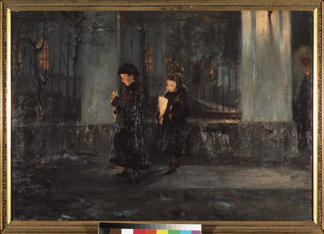 Helig torsdag. Två små flickor håller i ljus på kvällen på väg till kyrkan för påskfirandet. Målning av Alexei Nikolaievich Ostrogradsky (1867-1943), olja på duk av Alexei Nikolayevich Ostrogradsky