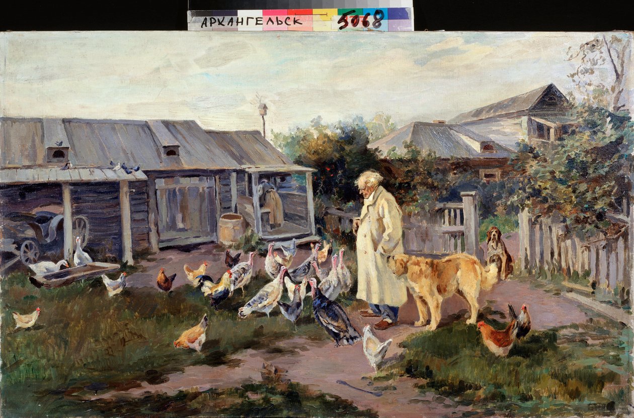 Morgonhälsning - Gårdsgårdsdjur omger en bonde - Målning av Alexei Stepanovich Stepanov (1858-1923), olja på duk, sent 1890, rysk konst av Alexei Steipanovitch Stepanov